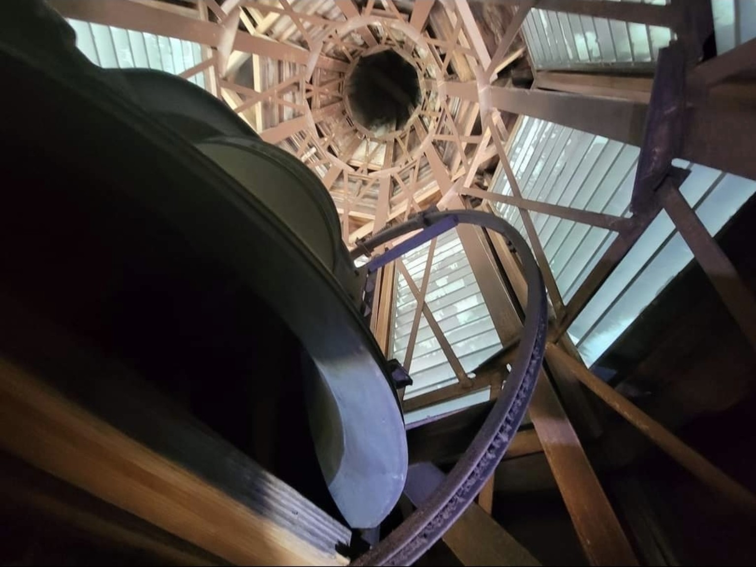 Timber framing and bell mechanism inside a church steeple