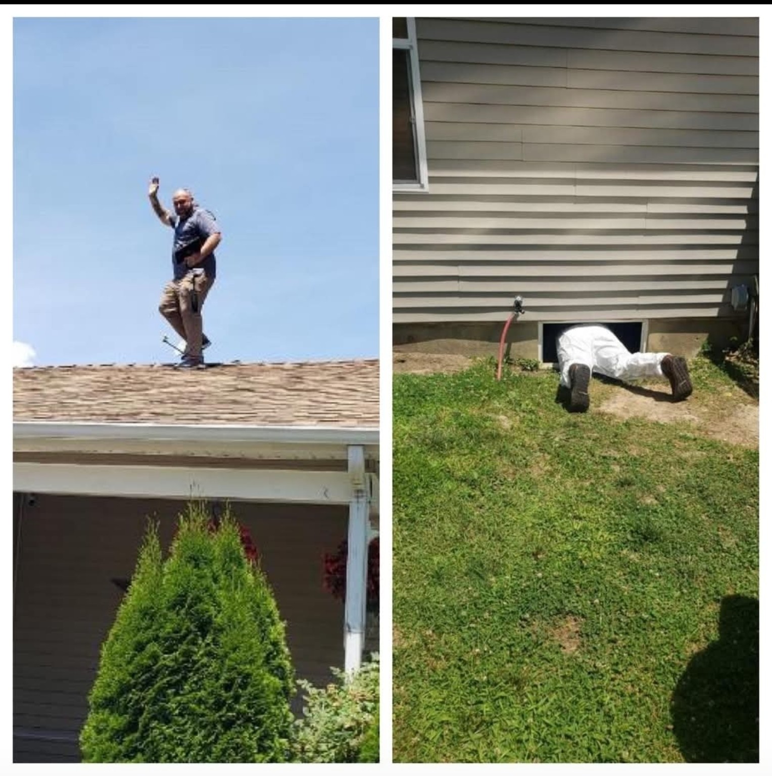Mike inspecting a roof and entering a crawlspace
